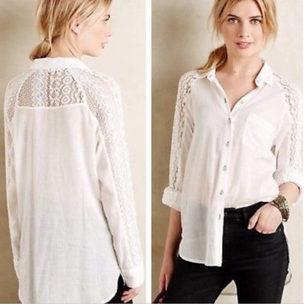 HOLDING HORSES White Lace-Accent Button Down Shirt